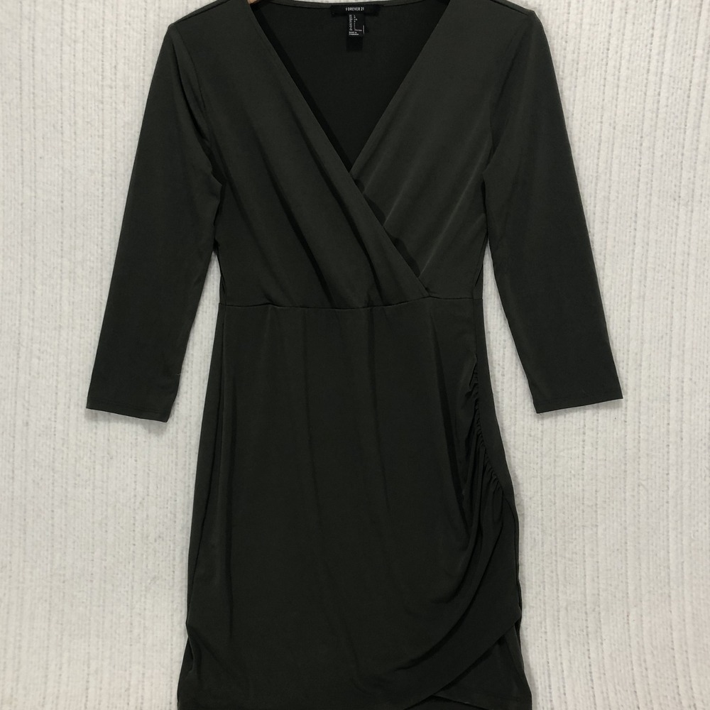 Forever 21 Olive Green Long Sleeve Ruched Wrap Mini Dress Large